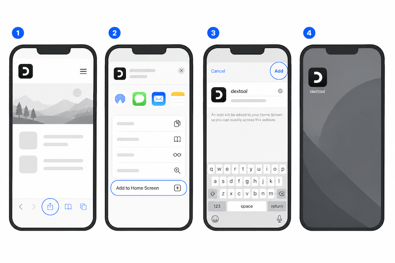 خيار تثبيت dextool كتطبيق PWA على iPhone