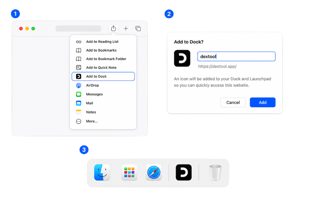 خيار تثبيت dextool كتطبيق PWA على macOS